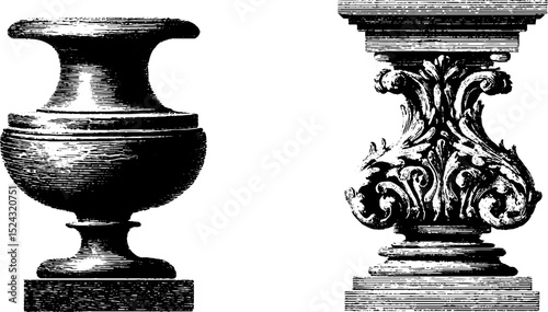 Elegant baroque marble vase engravings for historical design projects