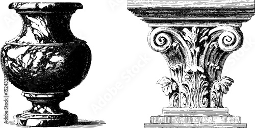 Elegant baroque marble vase and column engraved illustration set for decorative design