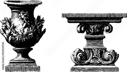Intricate baroque marble vase and pedestal engraved illustration set for design projects