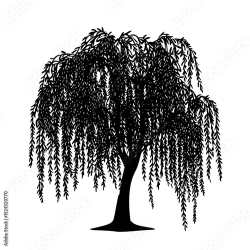 a black and white silhouette of a willow tree black, silhouette, tree, willow tree , Generative art.