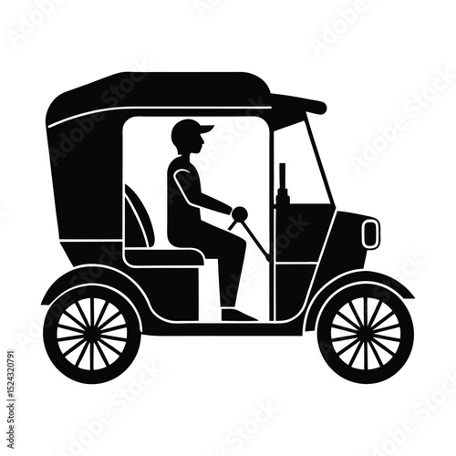 Silhouette of a cycle rickshaw or auto rickshaw with driver and one passenger