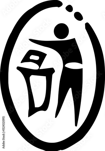Black and white oval-shaped vector icon of a person throwing trash into a bin, symbolizing cleanliness, waste disposal, and environmental care. 