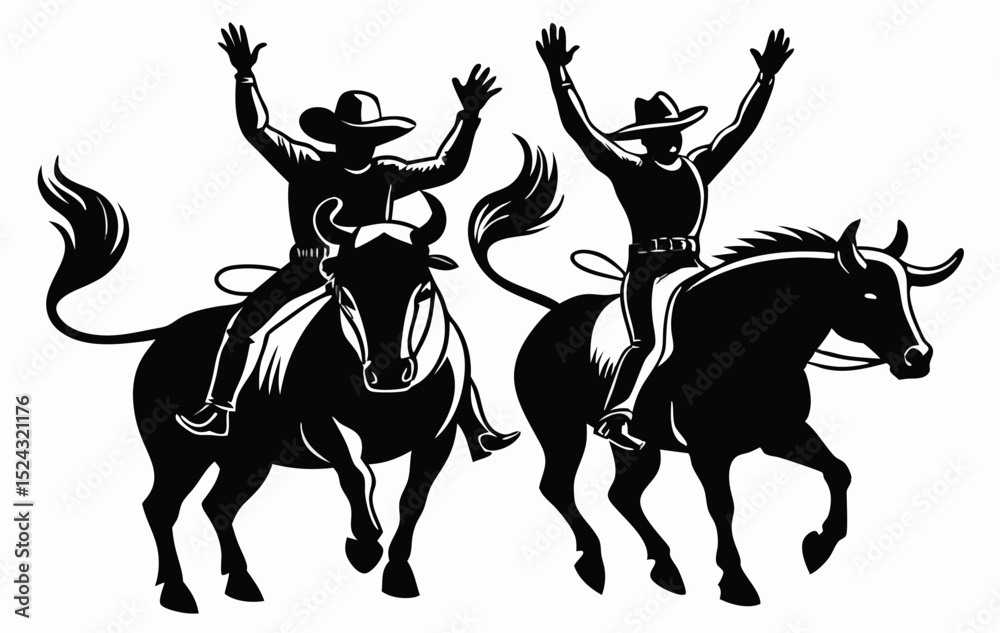 Two Cowboys Riding Bulls, Black and White Illustration Two Cowboys Riding Bulls, Black and White Illustration