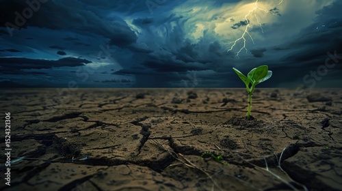 Sprouts emerge from the dry soil as a symbol of hope, resilience and growth in the face of environmental adversity. Balance of nature, renewal, and miraculous persistence and transformation.