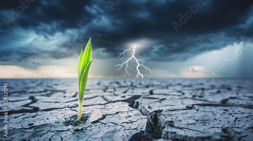 Sprouts emerge from the dry soil as a symbol of hope, resilience and growth in the face of environmental adversity. Balance of nature, renewal, and miraculous persistence and transformation.