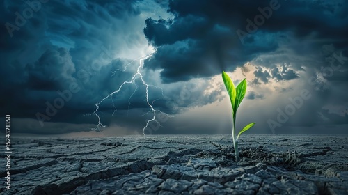 Sprouts emerge from the dry soil as a symbol of hope, resilience and growth in the face of environmental adversity. Balance of nature, renewal, and miraculous persistence and transformation.