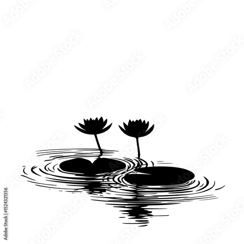 a black and white illustration of a water lily in a pond with stones and flowers black, flower, illustration, pond, reflection, rock, small, stone, water, water lily , Generative art.
