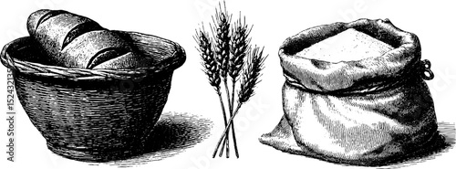 Vintage engraved set featuring bread basket, wheat, and flour sack for culinary designs