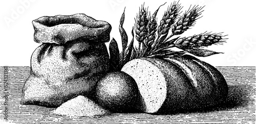 Vintage engraved illustration of bread loaf and wheat sheaf for culinary design
