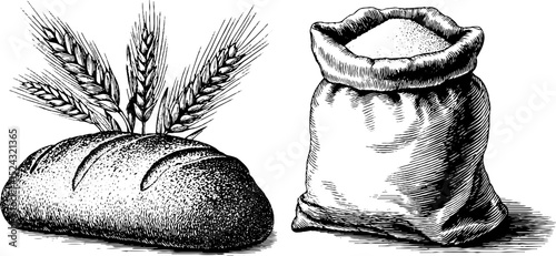 Rustic bakery elements: engraved bread loaf and sheaf with sack for kitchen decor