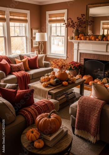 Autumnal Living Room Decor - Cozy living room decorated for fall with pumpkins, warm colors, and autumnal accents photo