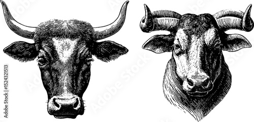 Intricate engraved illustrations of bull and ram heads for artistic design