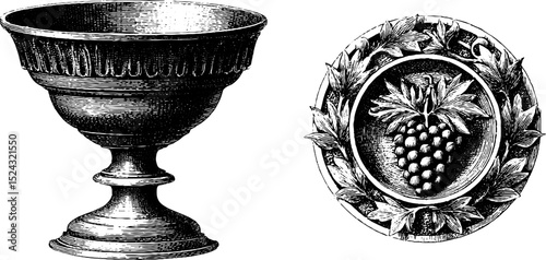 Byzantine chalice and bas-relief grapevine engraving for historical art design