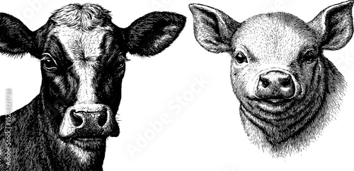 Engraved illustration of calf and lamb heads for animal art and design