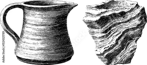 Vintage engraved illustration of canyon water flow and jug design for art and decor