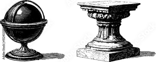 Vintage engraved illustration of celestial globe and ornate pedestal for historical design