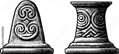 Celtic stone idol engravings with intricate patterns for historical and cultural designs