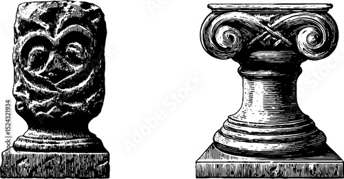 Celtic stone idol and column set engraved illustration for historical design and art projects