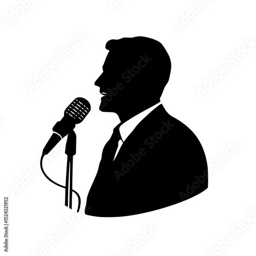a silhouette of a man in a suit and tie singing into a microphone black, man, microphone, silhouette, singe, suit, talk, tie , Generative art.