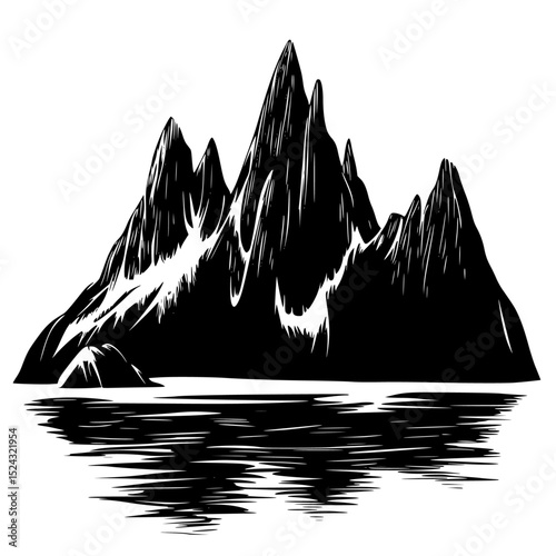 a black and white illustration of a mountain range over a lake black, illustration, lake, mountain, mountain range, water , Generative art.
