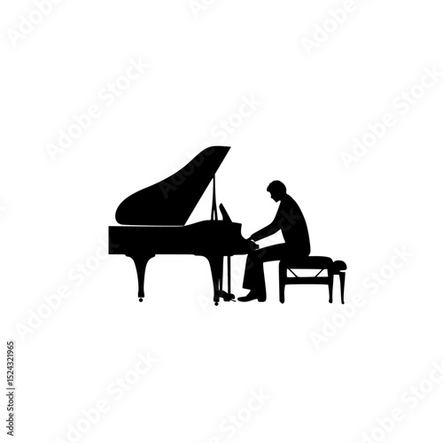 a black silhouette of a man playing a grand piano black, man, piano, play, play on, silhouette, sit , Generative art.