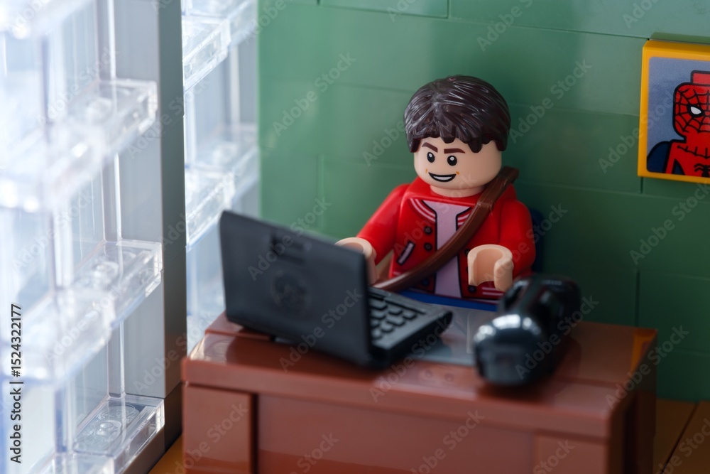 Obraz premium Tambov, Russian Federation - February 12, 2025 Lego Peter Parker minifigure working behind a laptop on his office workplace