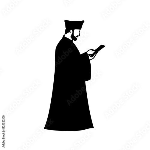 a black silhouette of a priest in a black robe and hat standing with a cell phone in his hand black, gown, hand, hat, man, phone, priest, robe, silhouette, stand , Generative art.