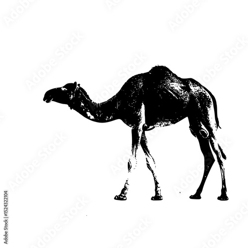a black and white drawing of a camel black, camel, drawing, picture, silhouette, stand , Generative art.