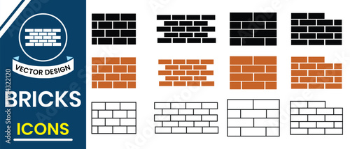 Brick wall, bricks layer icon vector set. Silhouette of bricks outline icon symbol for web site design, logo, app, UI, UX. Vector illustration.