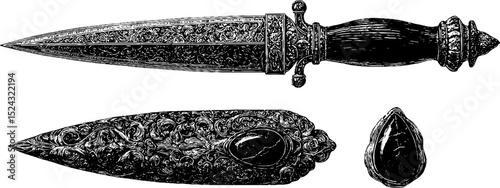 Antique ceremonial dagger set engraved design for historical art and decor