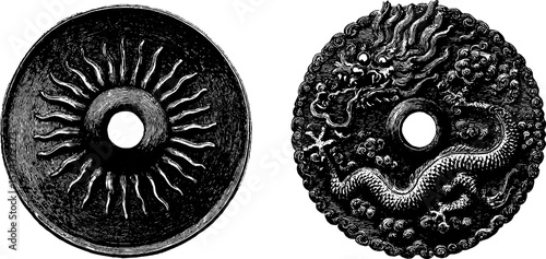 Engraved illustration set featuring chinese ritual bronze artifacts for cultural and historical exploration