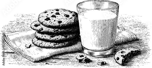 Engraved chocolate chip cookie illustration set with milk for culinary design