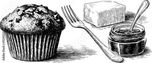 Vintage engraved illustration of chocolate chip muffin with butter and jam for culinary design