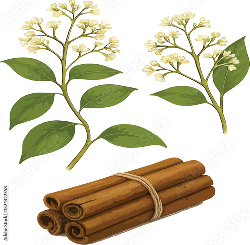 cinnamon sticks with green leaves