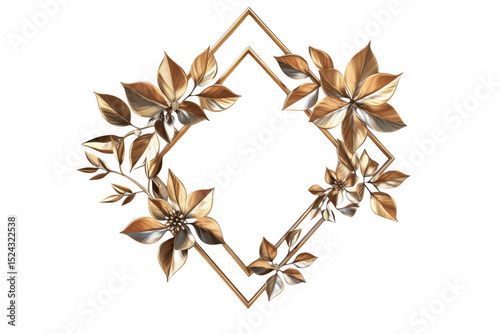 Golden floral frame, isolated on transparent background