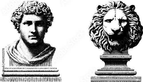 Engraved classical sculpture illustrations of museum pedestal busts for art and design