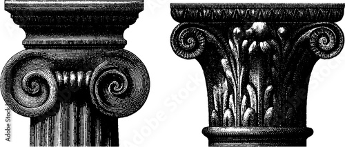 Engraved classical ionic column illustration set for historical art and design