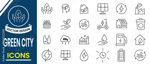 Green City icon vector set. Line icon of Green City symbol, ecology, environmental, green energy, sustainable development icon. Vector illustration.