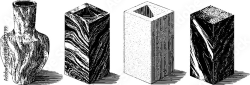 Engraved illustration set of contemporary marble vases for art and design inspiration