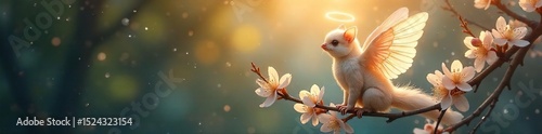 A shimmering, winged creature with gossamer wings and a halo, perched on a blossoming branch, radiating ethereal light Perfect for fantasy, spirituality, or religious themes , sprite, amulet