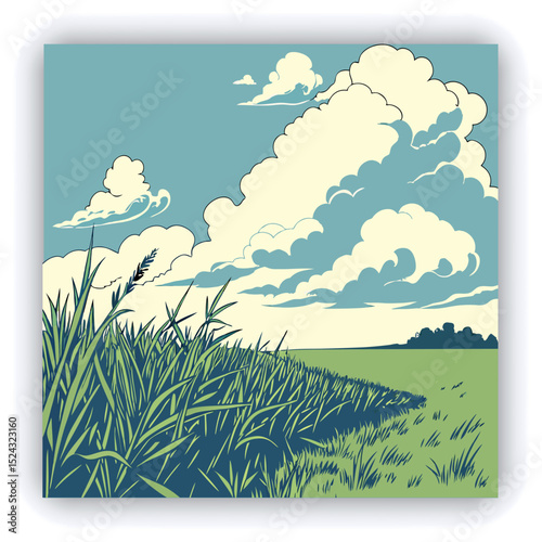 A vast landscape of a field of tall, vibrant green grass stretches across the horizontal middle ground.  A vibrant, clear blue sky fills the upper portion of the image, dotted with large, fluffy, whit