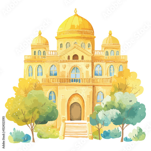 Watercolor Illustration of a GoldenYellow Building with Lush Trees