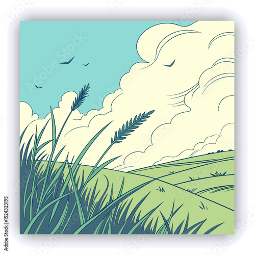 A vast landscape of a field of tall, vibrant green grass stretches across the horizontal middle ground.  A vibrant, clear blue sky fills the upper portion of the image, dotted with large, fluffy, whit