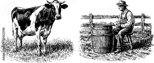 Vintage illustration set featuring dairy cow and traditional milk churning scene