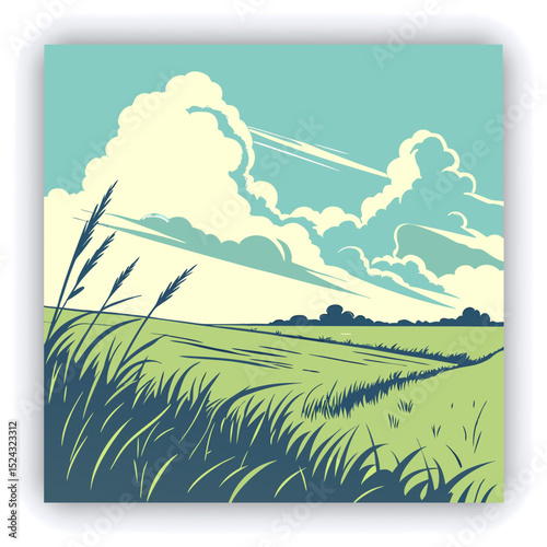A vast landscape of a field of tall, vibrant green grass stretches across the horizontal middle ground.  A vibrant, clear blue sky fills the upper portion of the image, dotted with large, fluffy, whit