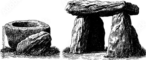 Ancient dolmen and stone slab engravings for historical study and design