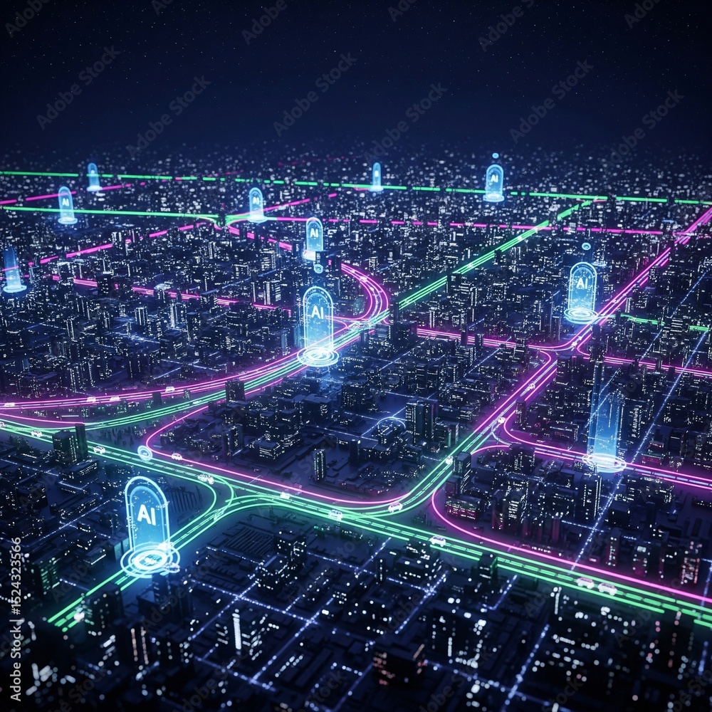 AI-Generated Glowing Futuristic City Map Featuring Digital Pathways, Neon-Lit Roads, and Smart Traffic Controls Under a Dark Sky Representing Advanced Urban Planning
AI-Generated Glowing Futuristic City Map Featuring Digital Pathways, Neon-Lit Roads, and Smart Traffic Controls Under a Dark Sky Representing Advanced Urban Planning