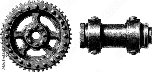 Vintage industrial gear engraving set for mechanical design and historical study