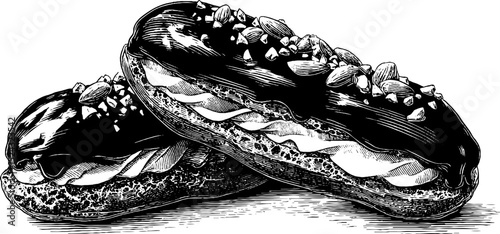 Vintage engraving of eclair pastries with almond toppings for culinary art lovers