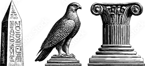 Engraved illustration set featuring egyptian revival theme with obelisk, eagle, and column design for artistic projects